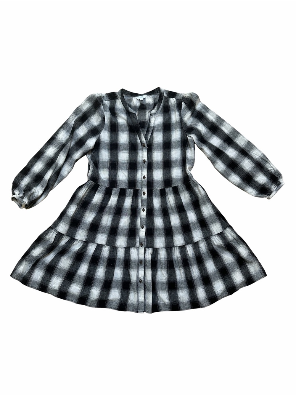 Time and Tru Black & White Plaid Button-Front Tiered Dress